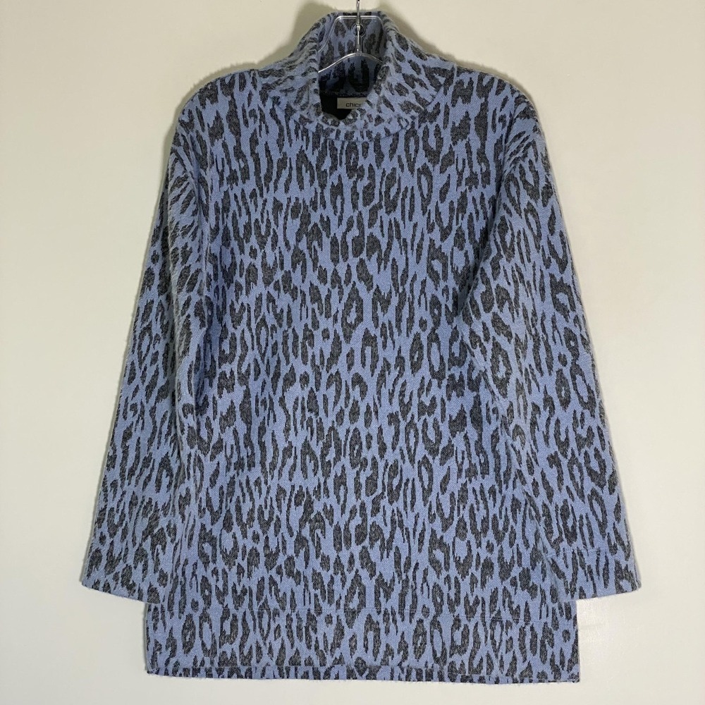Chico's Sweater Tunic Womens Medium Blue Animal Print Mock Neck Knit Long Sleeve